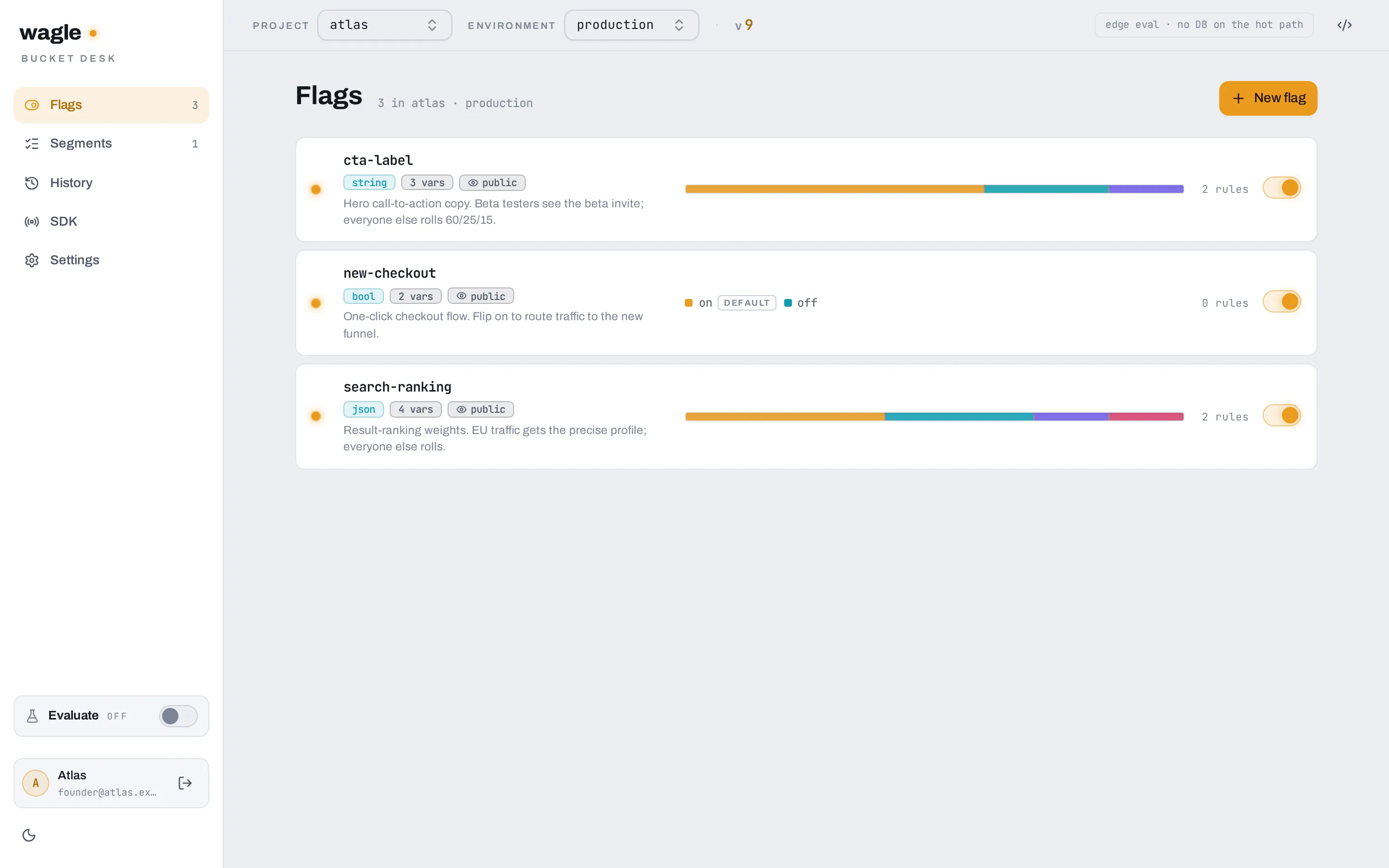 The flag list showing three typed flags with variation counts and rollout bars