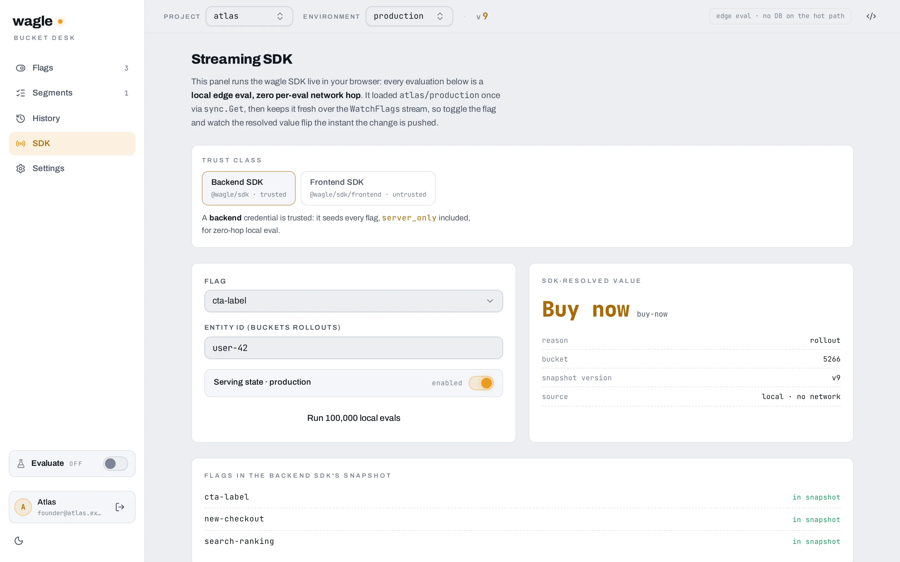 The SDK demo resolving a flag locally, showing reason, bucket, snapshot version and a local no-network source