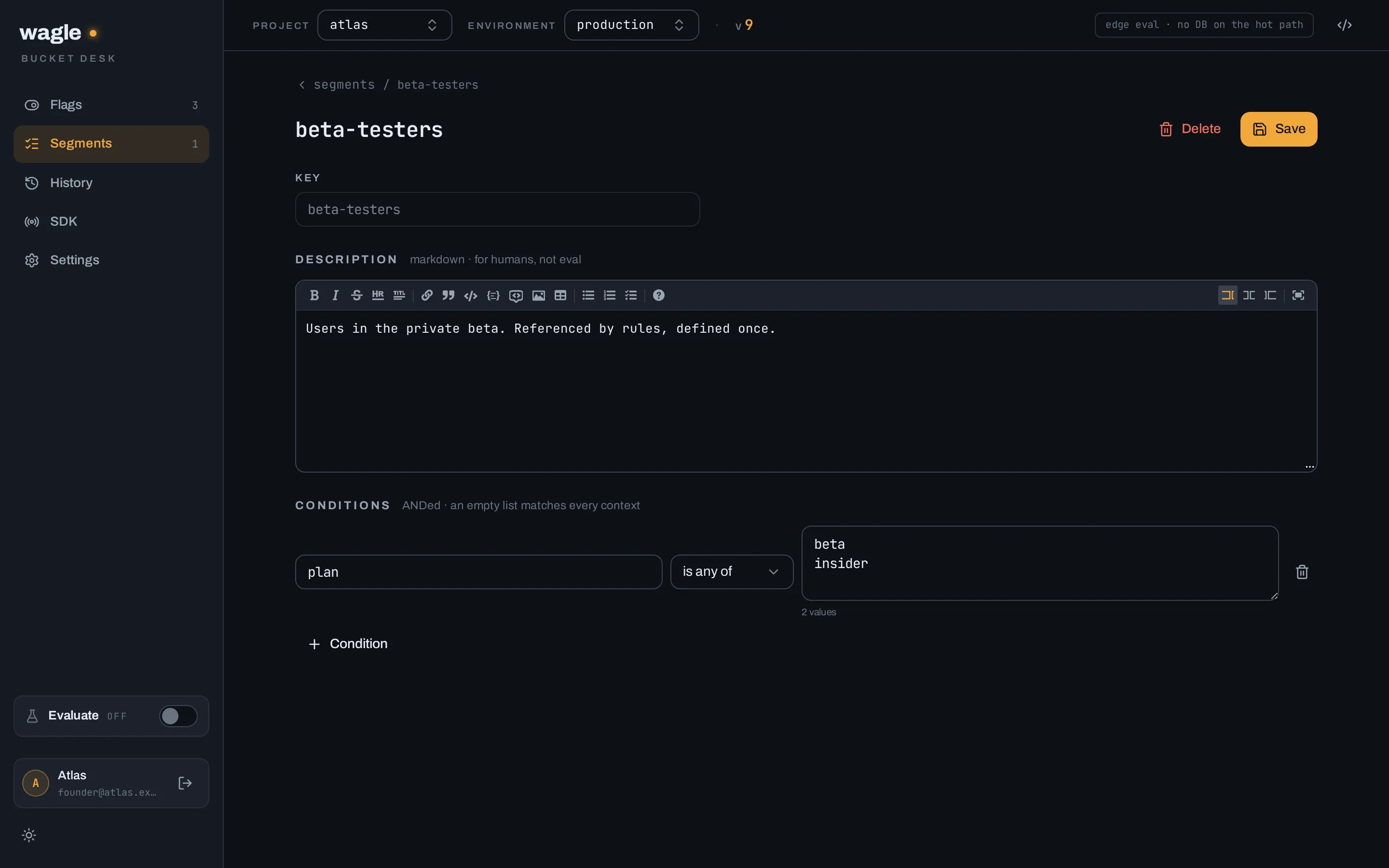 The segment editor showing the beta-testers segment with its conditions