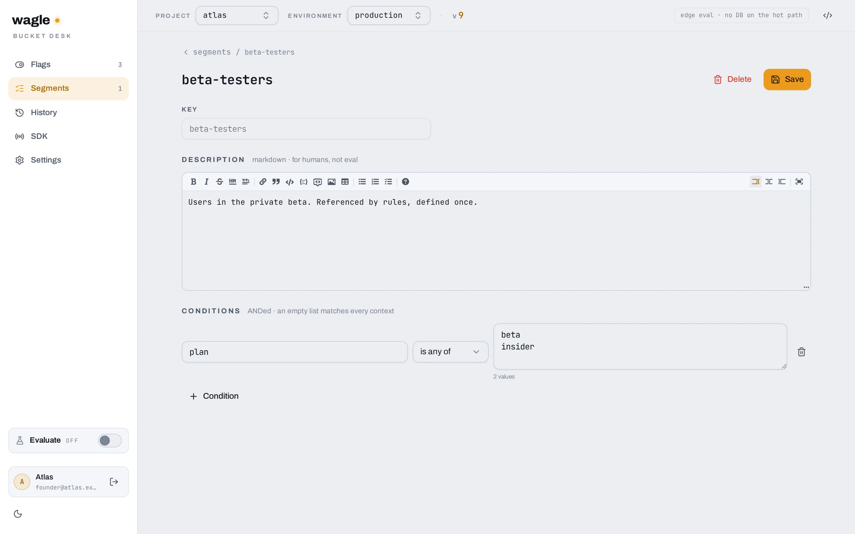 The segment editor showing the beta-testers segment with its conditions